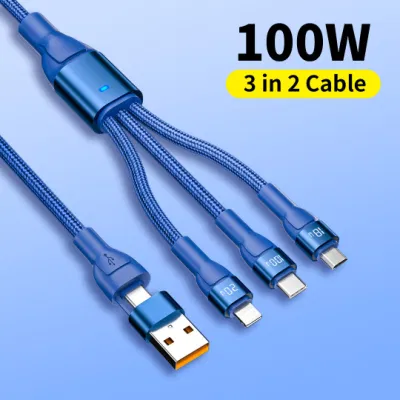 Pd100W 3 en 2 6A tipo C/USB a tipo C cargador micro USB Lightning carga rápida de nailon 5 en 1 cable de carga USB